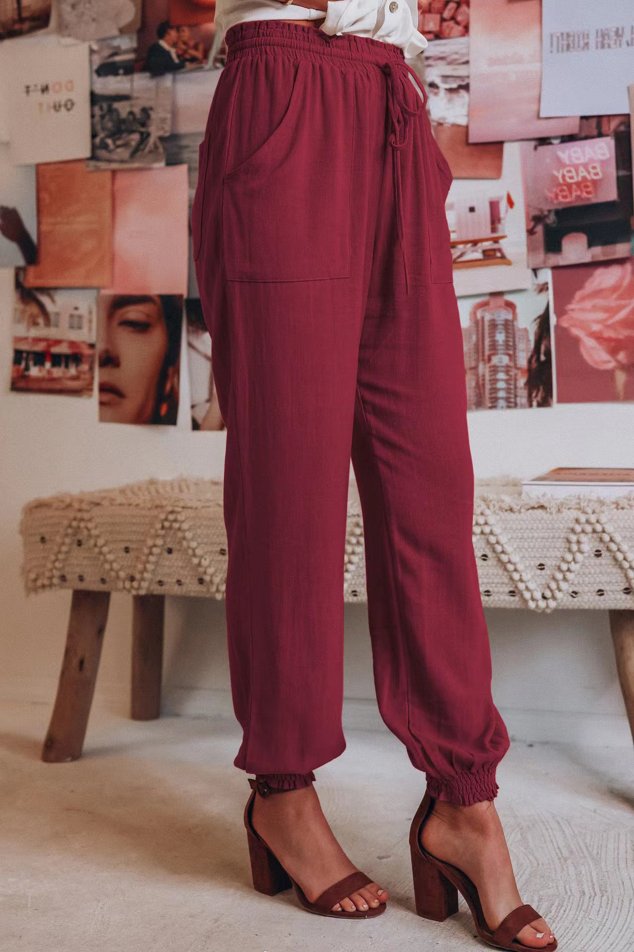 Women's Comfortable and Casual Pants with Elastic Waistband and Versatile Pockets Ivyshape