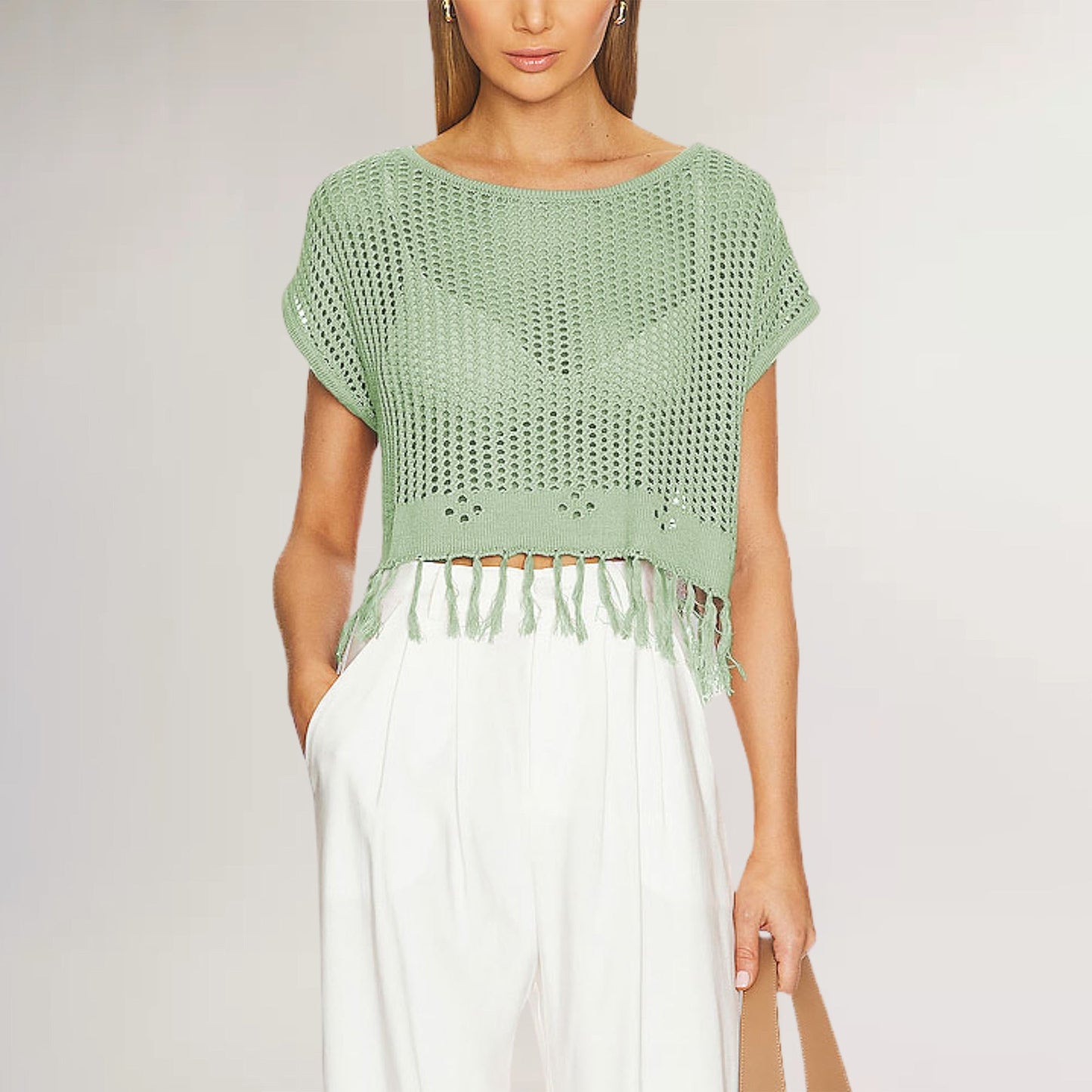 IvyShape | Solid Color Tassel Knit Round Neck Top