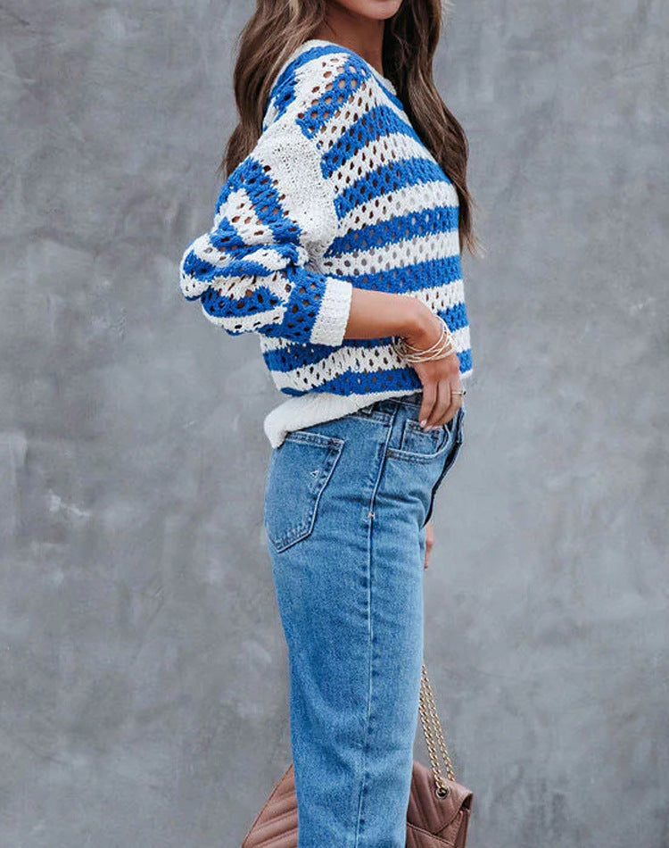 IvyShape | Loose Striped Hollow Knitted Sweater