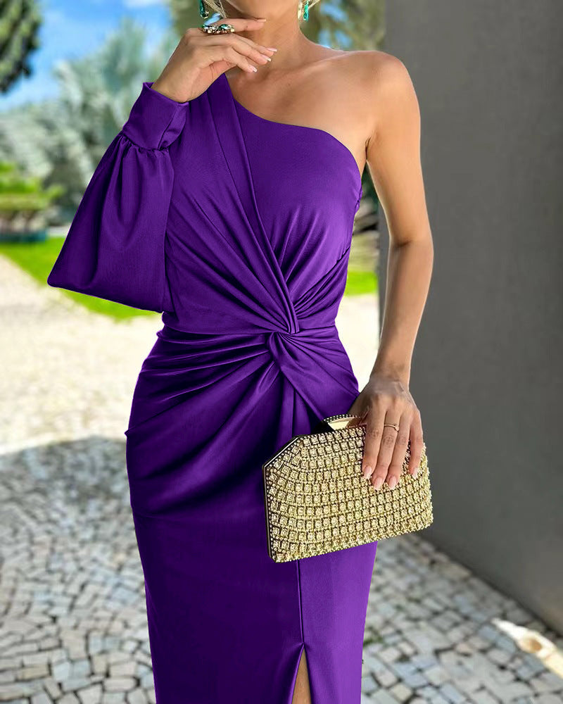 Women Elegant Wrap Dress with Asymmetrical Neckline and Side Slit Ivyshape