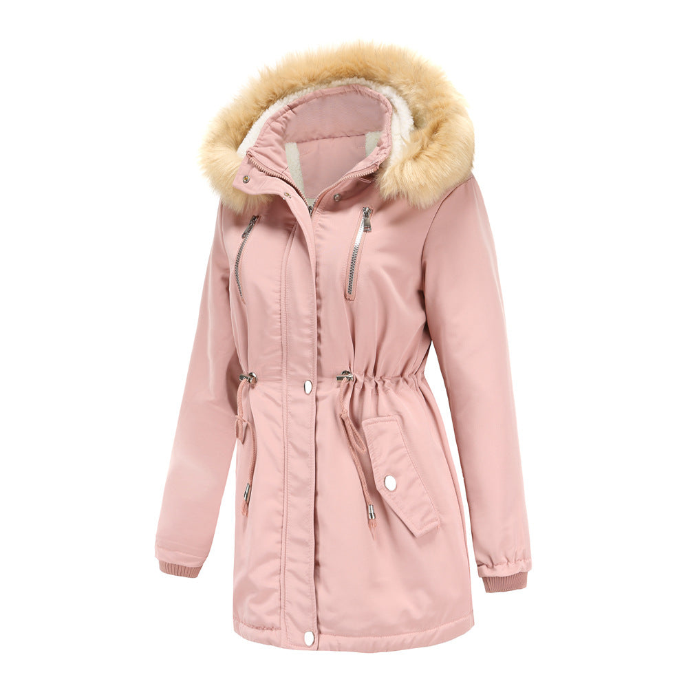 Women's fashionable outdoor jacket with removable faux fur collar and elastic waist drawstring Ivyshape