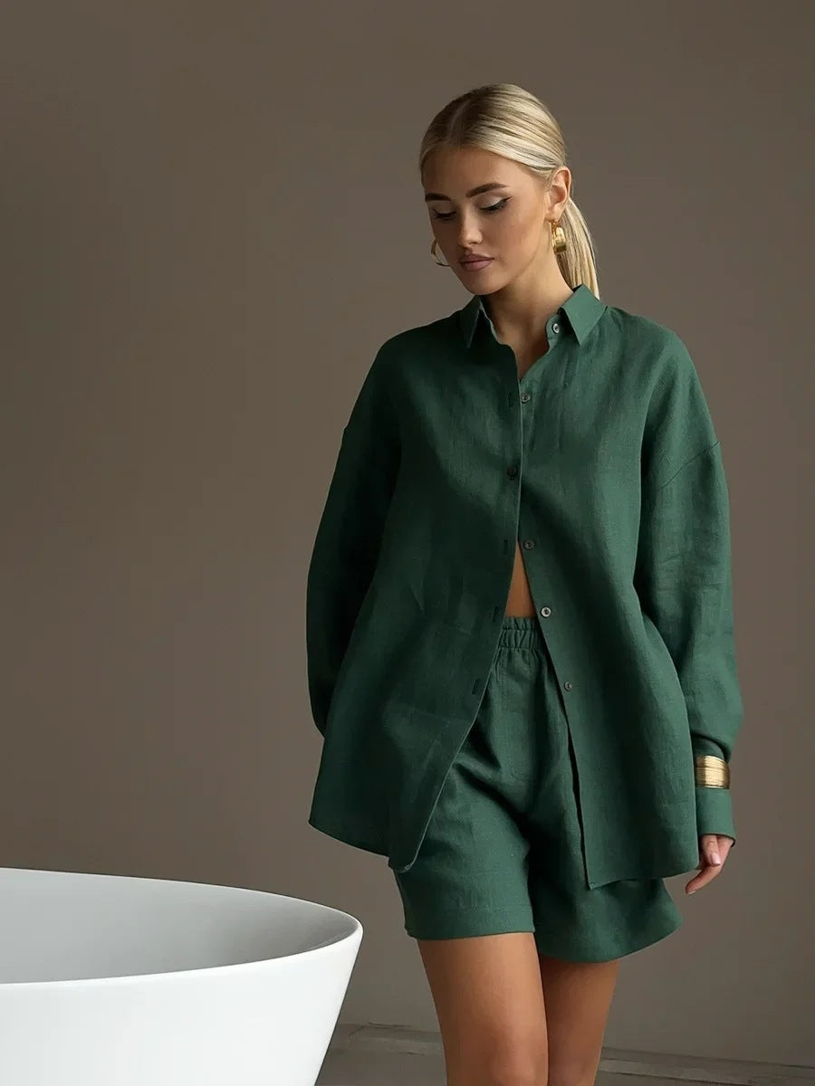 Women casual linen set with loose blouse and shorts Ivyshape