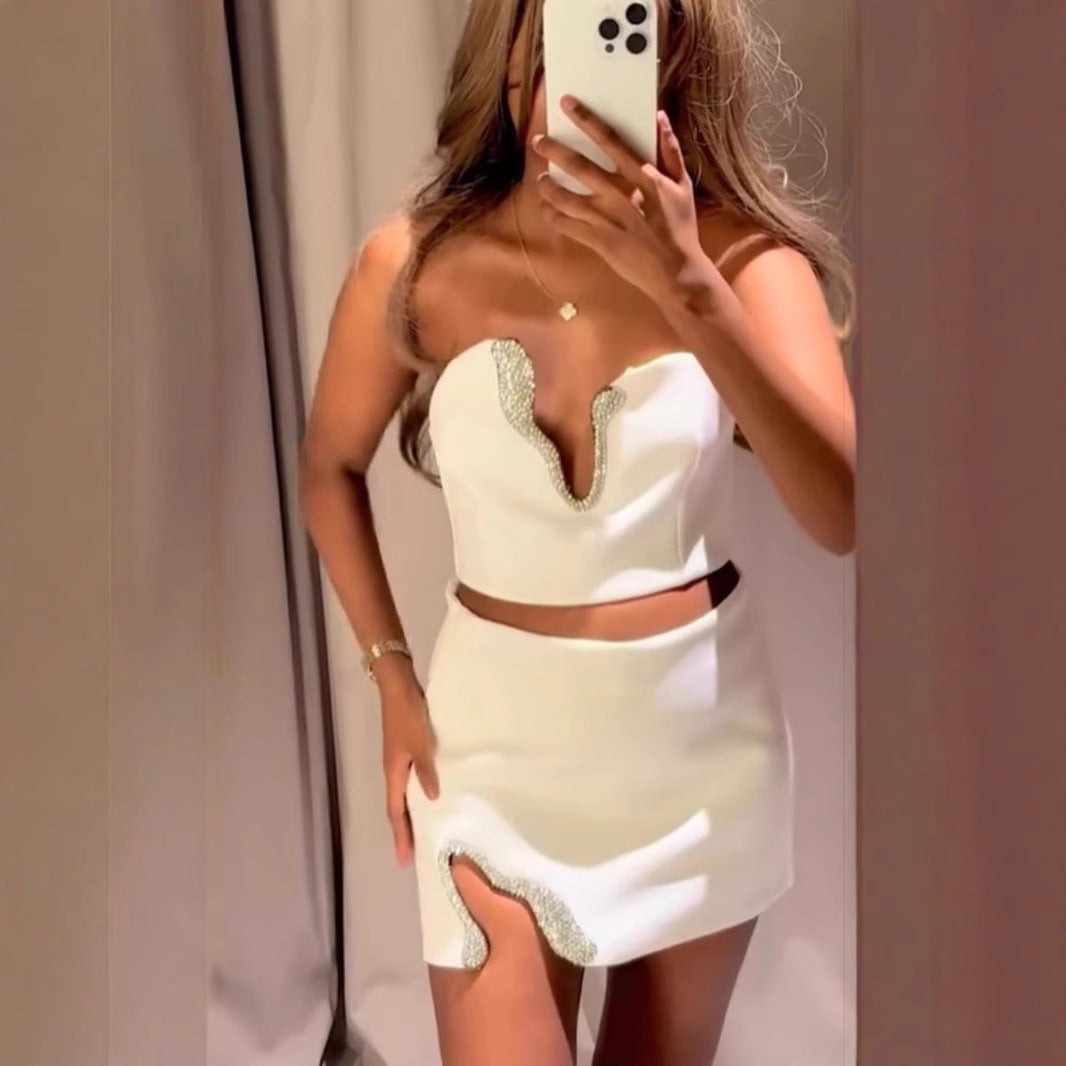 Women Figure-hugging Crop Top with Sparkling Neckline and Ivyshape Skirt