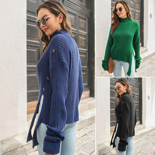 Women's chunky knit sweater with high neck and decorative button details Ivyshape