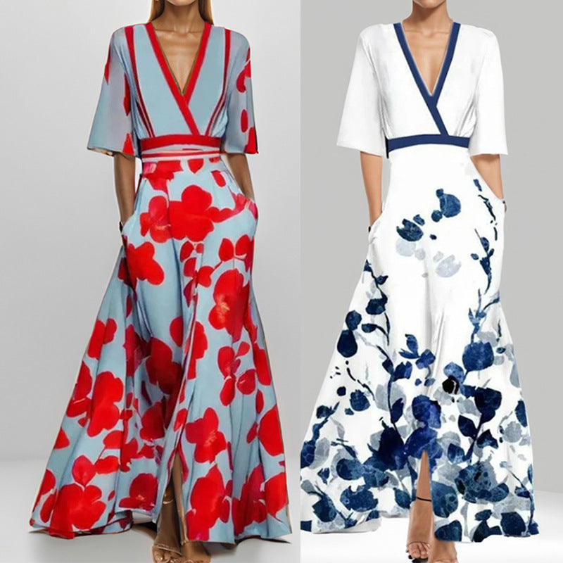 IvyShape | Elegant V-Neck Printed Tie Waist Flared Maxi Dress