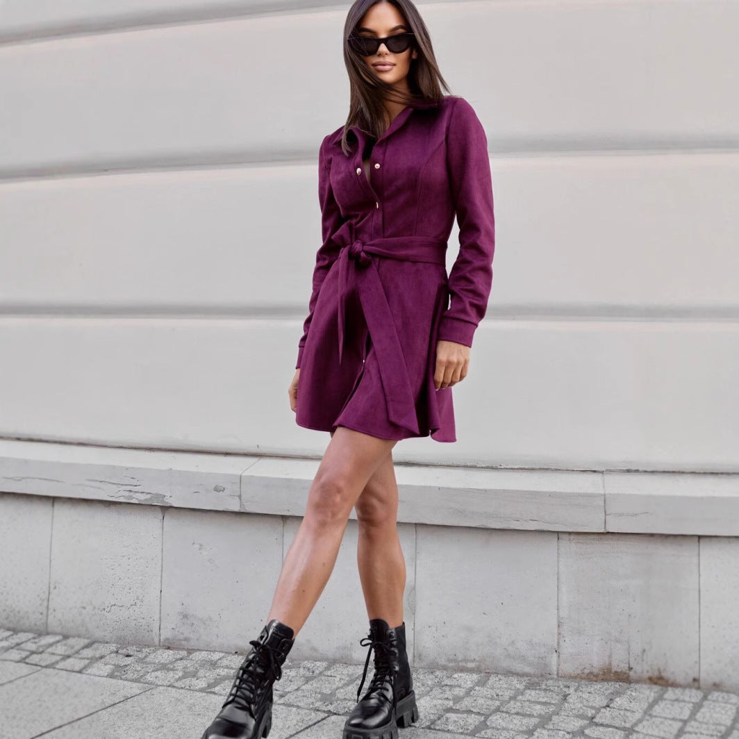 Women elegant shirt dress with waist belt and decorative button details Ivyshape