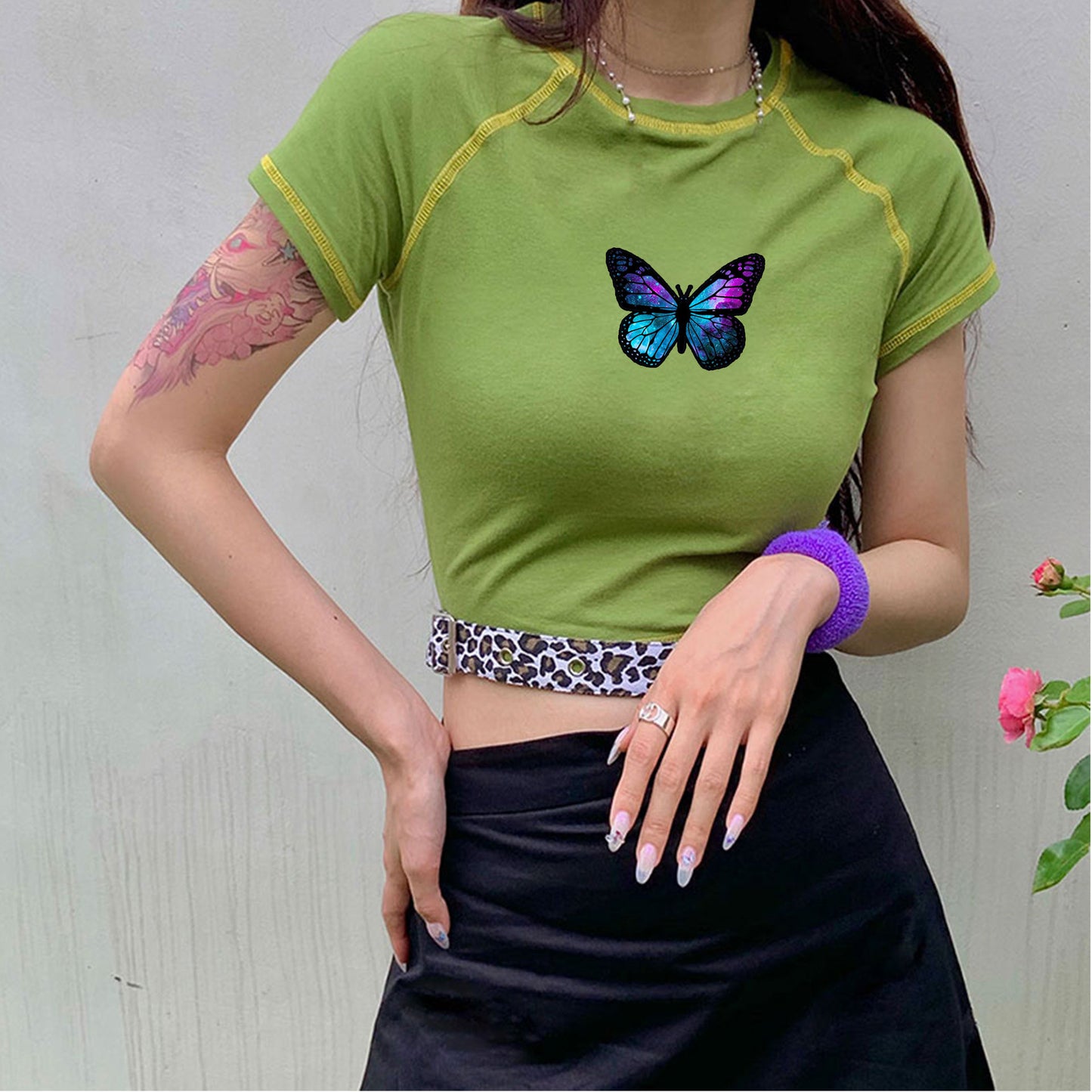Ladies stylish organic crop top with butterfly print Ivyshape