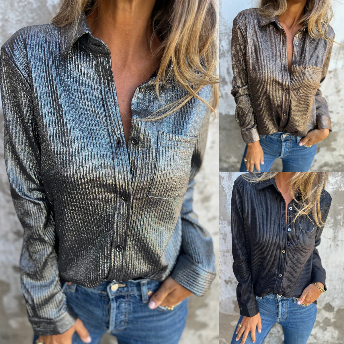 IvyShape | Metallic Color Lapel Loose Pocket Shirt