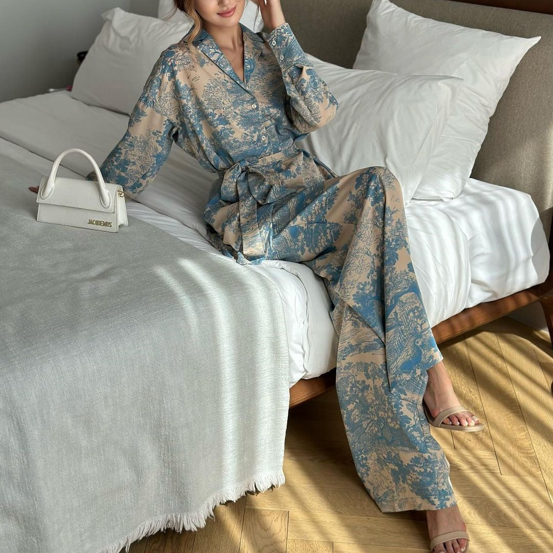 IvyShape | Printed Tie Long Sleeve Shirt Wide Leg Pants Suit