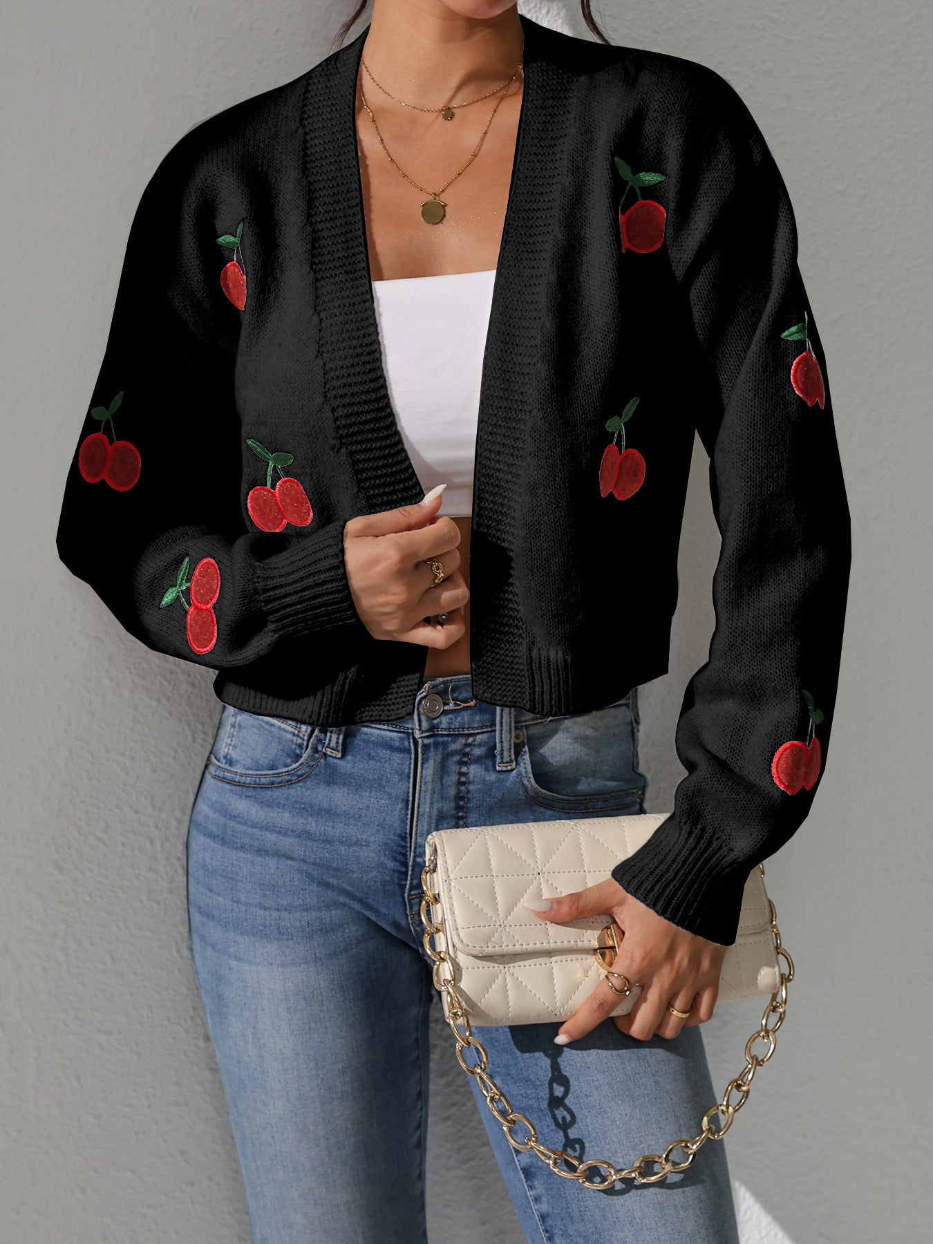Ladies airy knitted cardigan with sweet cherry embroidery Ivyshape