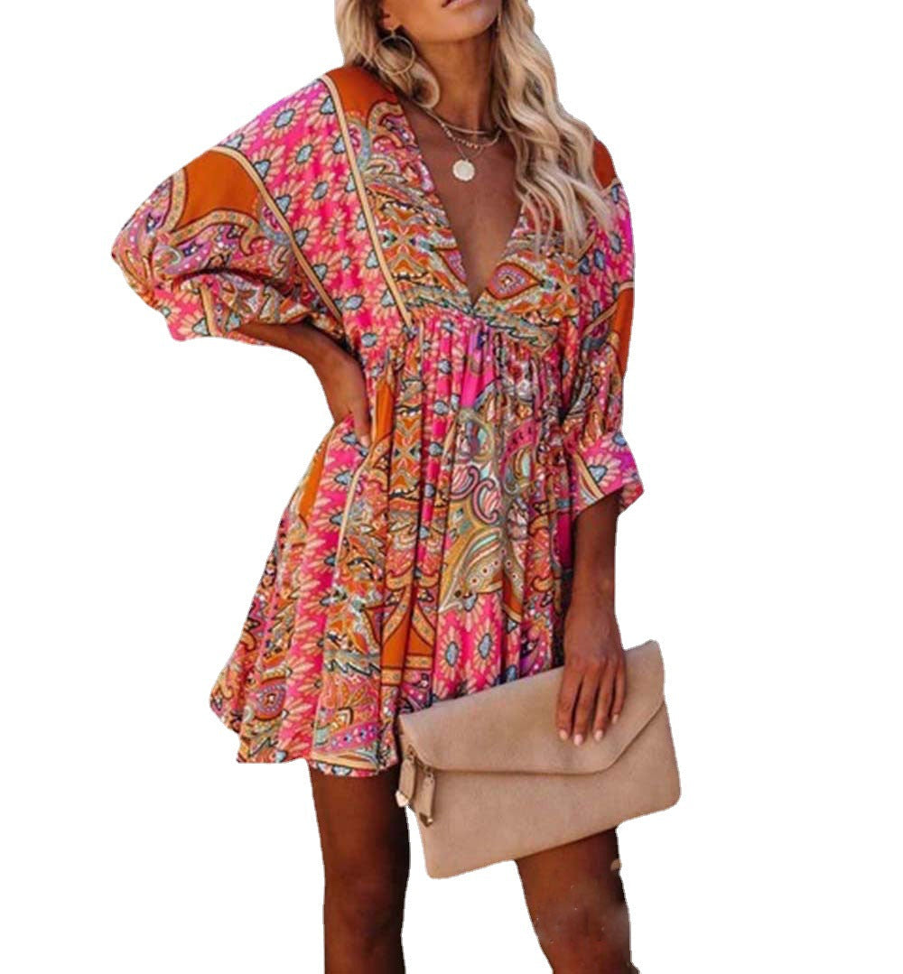 V-neck waist printed bohemian dress