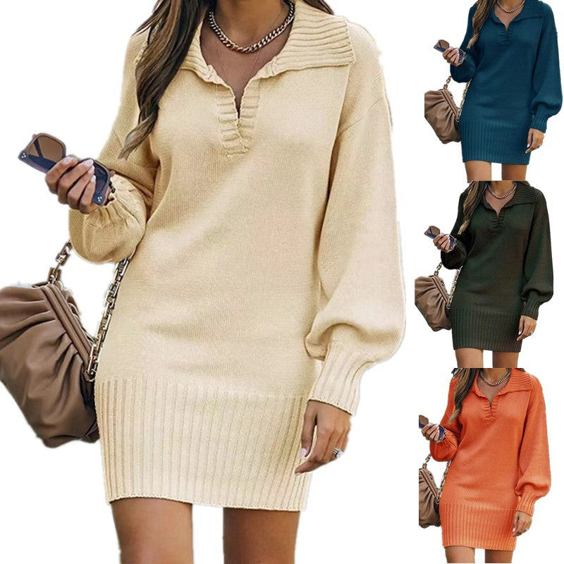 IvyShape | Stylish Mid-Length Lapel Lantern Sleeve Knitted Dress