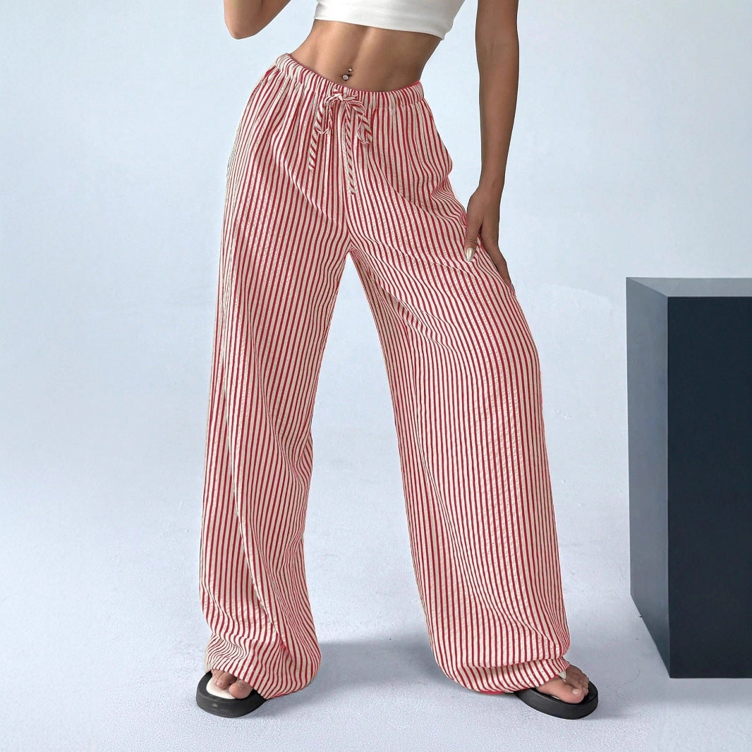Women's Wide Cut Striped Trousers with Elastic Waistband and Tie Ivyshape