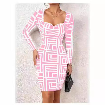 Women's Fitted Long Sleeve Dress with Geometric Pattern and Creative Neckline Ivyshape
