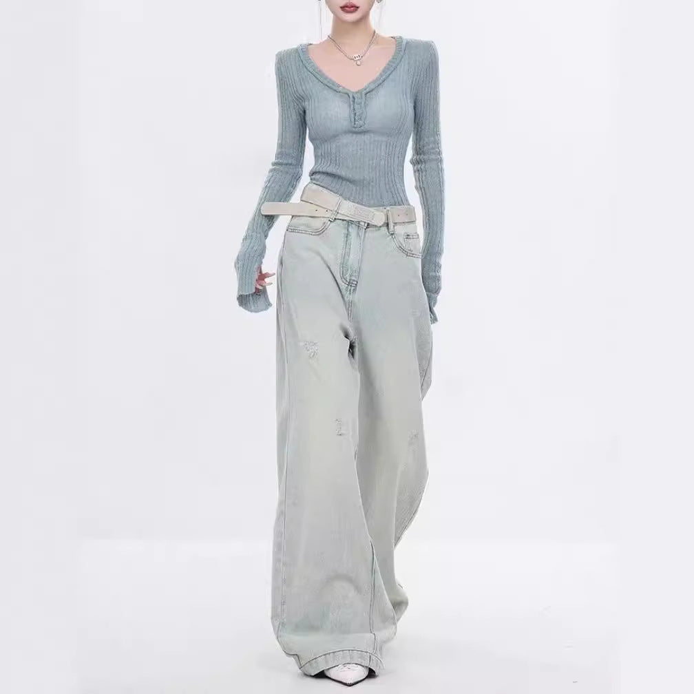 Women Elegant Wide-Leg Jeans with Fashionable Accents and High Waist Ivyshape