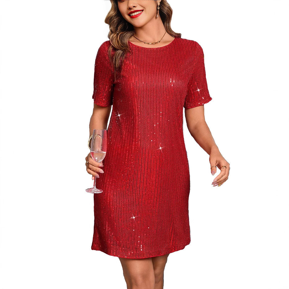 Ladies Glamorous Sequin Dress with Short Sleeves and Flowing Cut Ivyshape