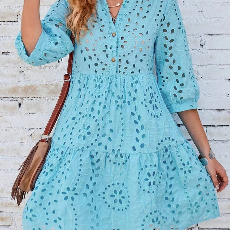 IvyShape | Blue Embroidered V-Neck Button Dress