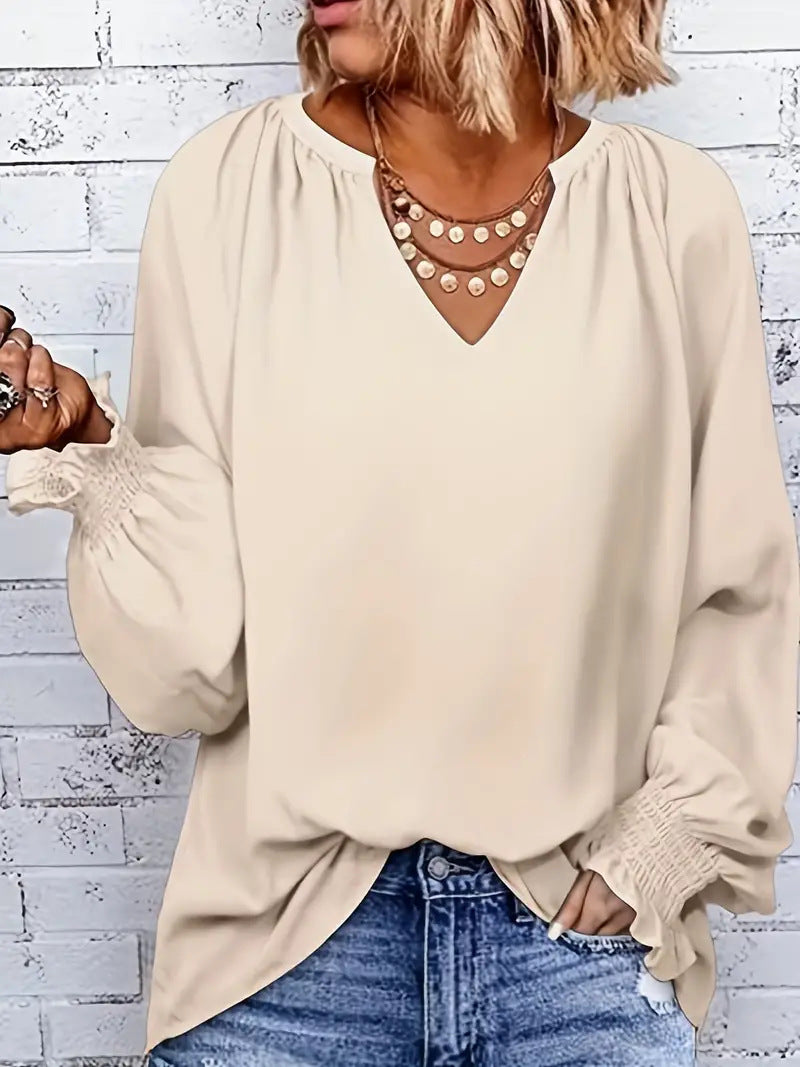 Women Elegant V-Neck Blouse with Puff Sleeves Ivyshape