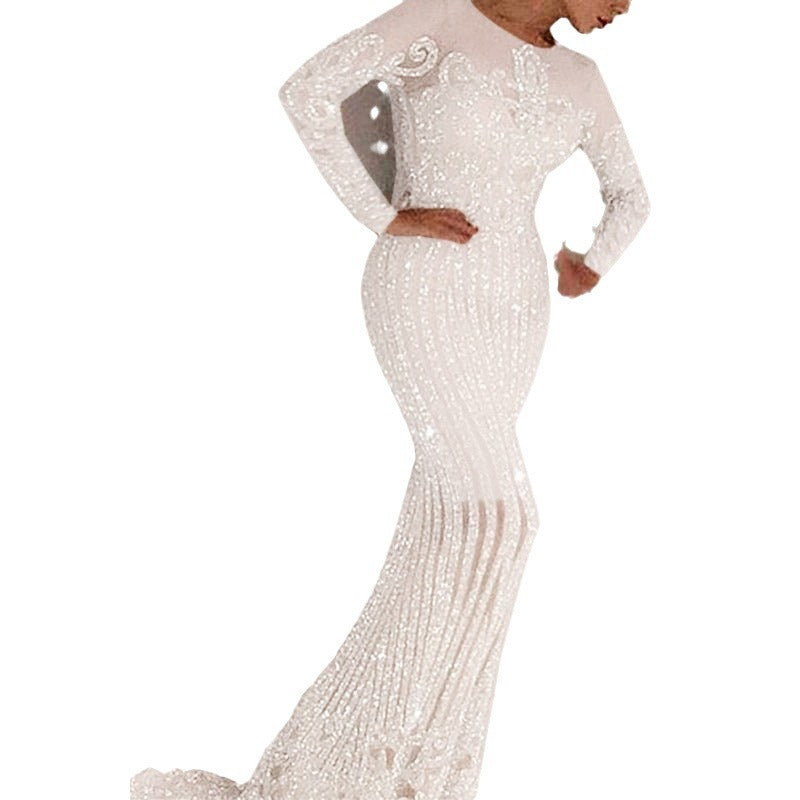 Ladies elegant floor-length evening dress with glitter and lace details Ivyshape