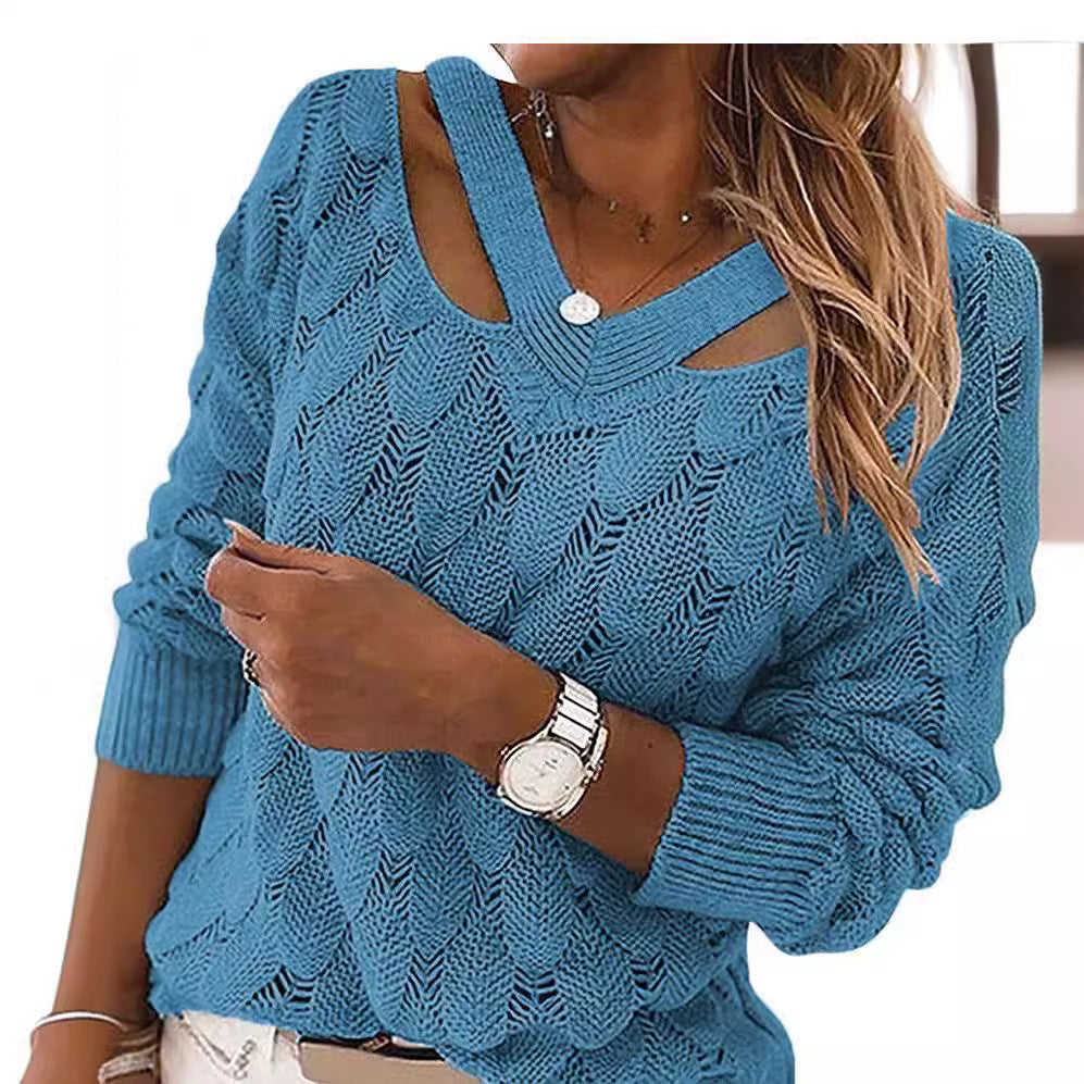 Women's casual knit sweater with V-neck and unique cut-out design Ivyshape