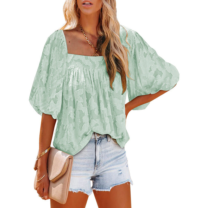 Women's Oversized Blouse Shirt with Balloon Sleeves and Subtle Pattern Ivyshape