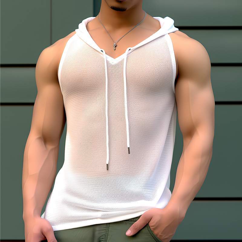Men's Breathable Sports Tank Top with Hood and Practical Lacing Ivyshape
