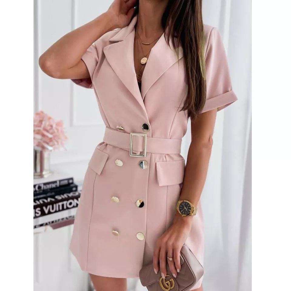 Women tailored short sleeve shirt dress with belt Ivyshape