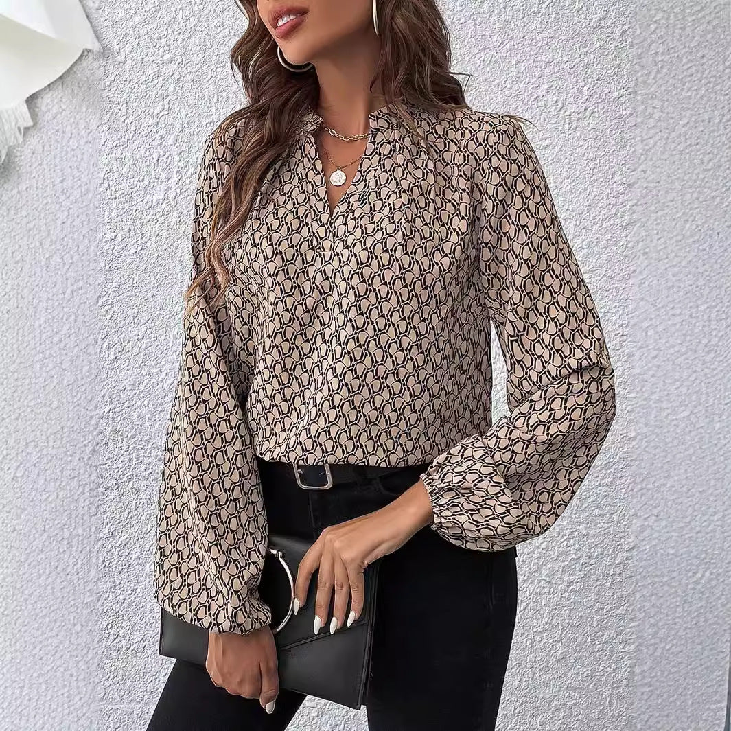 Women's blouse with modern geometric pattern and elegant collar area Ivyshape
