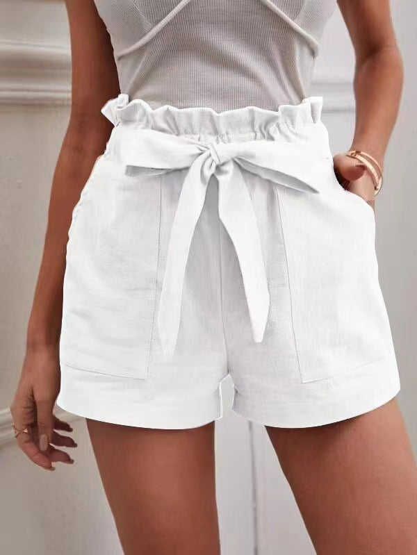 Women's elegant linen shorts with tie belt and wide waistband Ivyshape