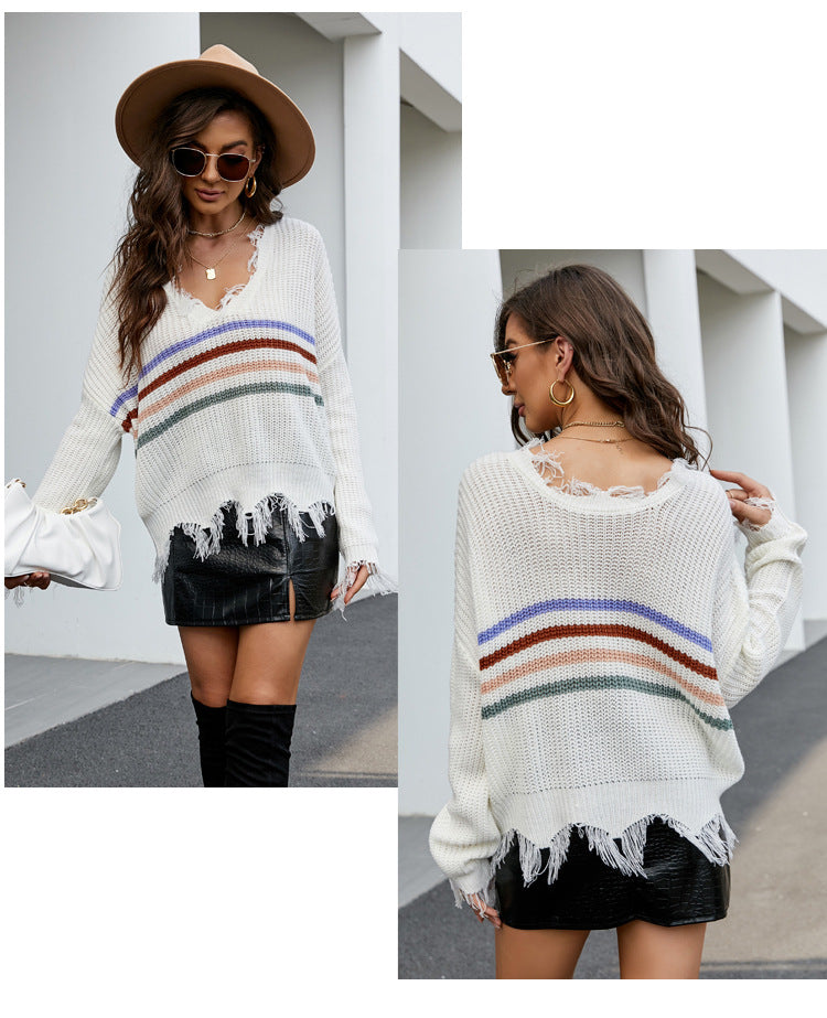 IvyShape | V-neck fringe sweater