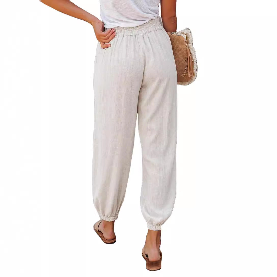 Women's casual linen pants with elastic waistband and drawstring Ivyshape