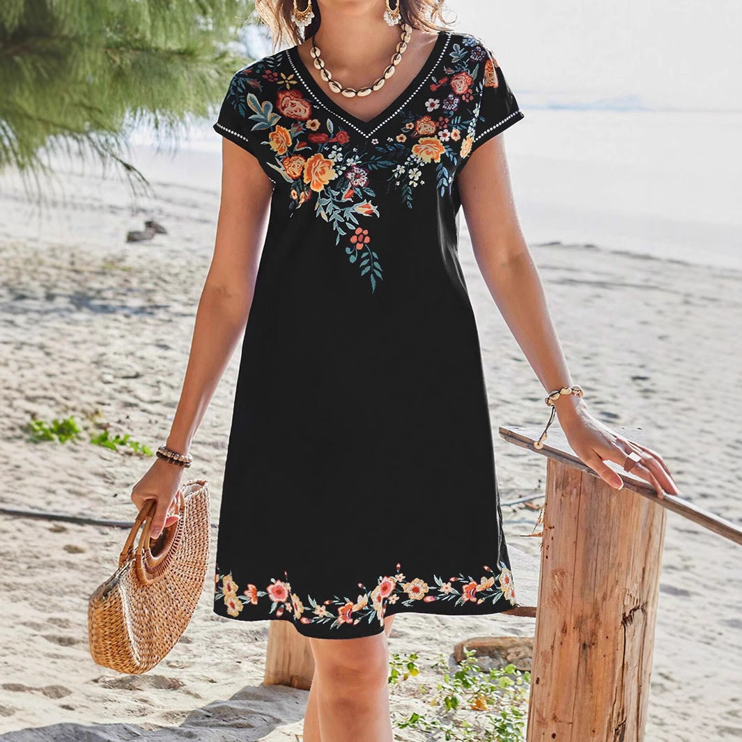 IvyShape | Elegant Printed V-Neck Short Sleeve Dress