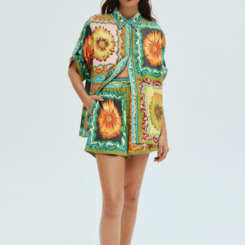 IvyShape | Printed Lapel Shirt and Shorts Fashion Set