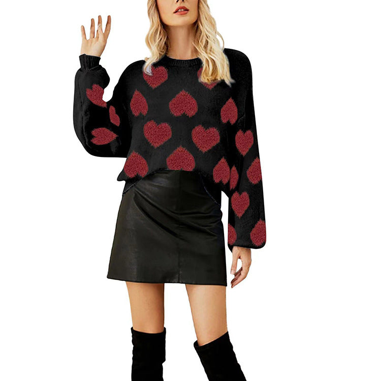 IvyShape | Puff sleeve heart jacquard pullover sweater