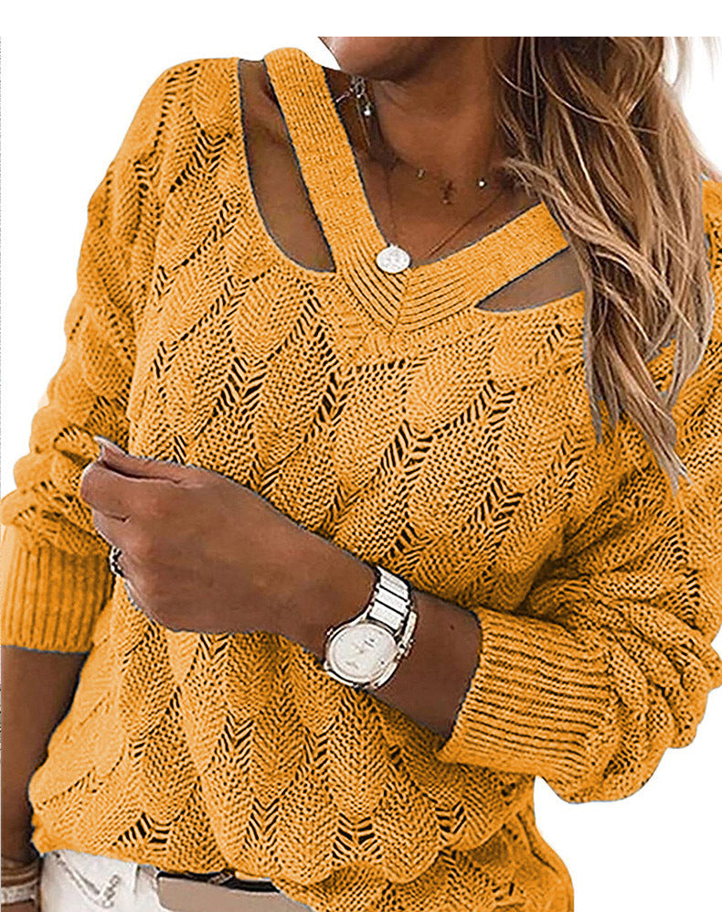 Women's casual knit sweater with V-neck and unique cut-out design Ivyshape