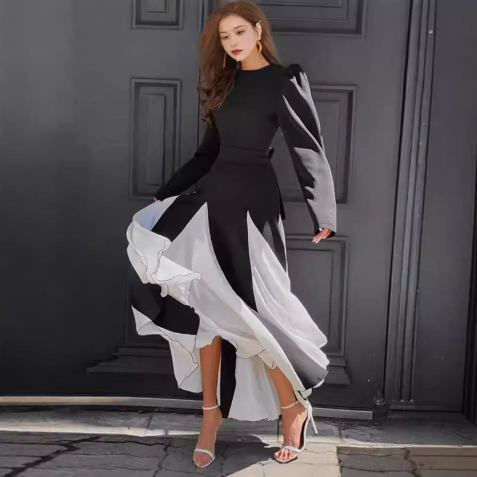 Women Elegant Long Sleeve Dress with Puff Sleeves and Flowing Hem Ivyshape