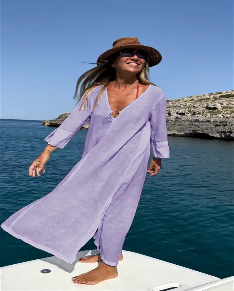 IvyShape | Loose Cotton Linen Beach Sun Protection Long Dress