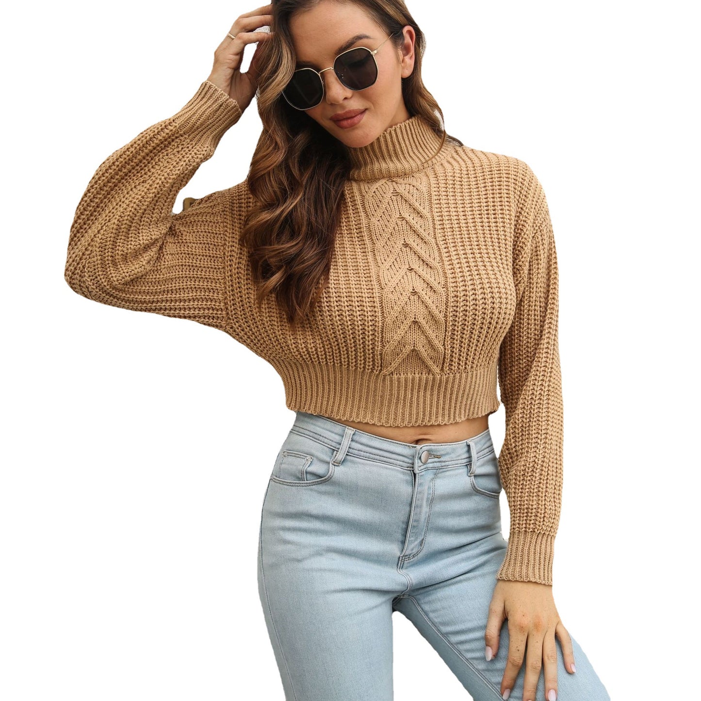 Women's Cropped Knit Sweater with Textured Cable Pattern Ivyshape