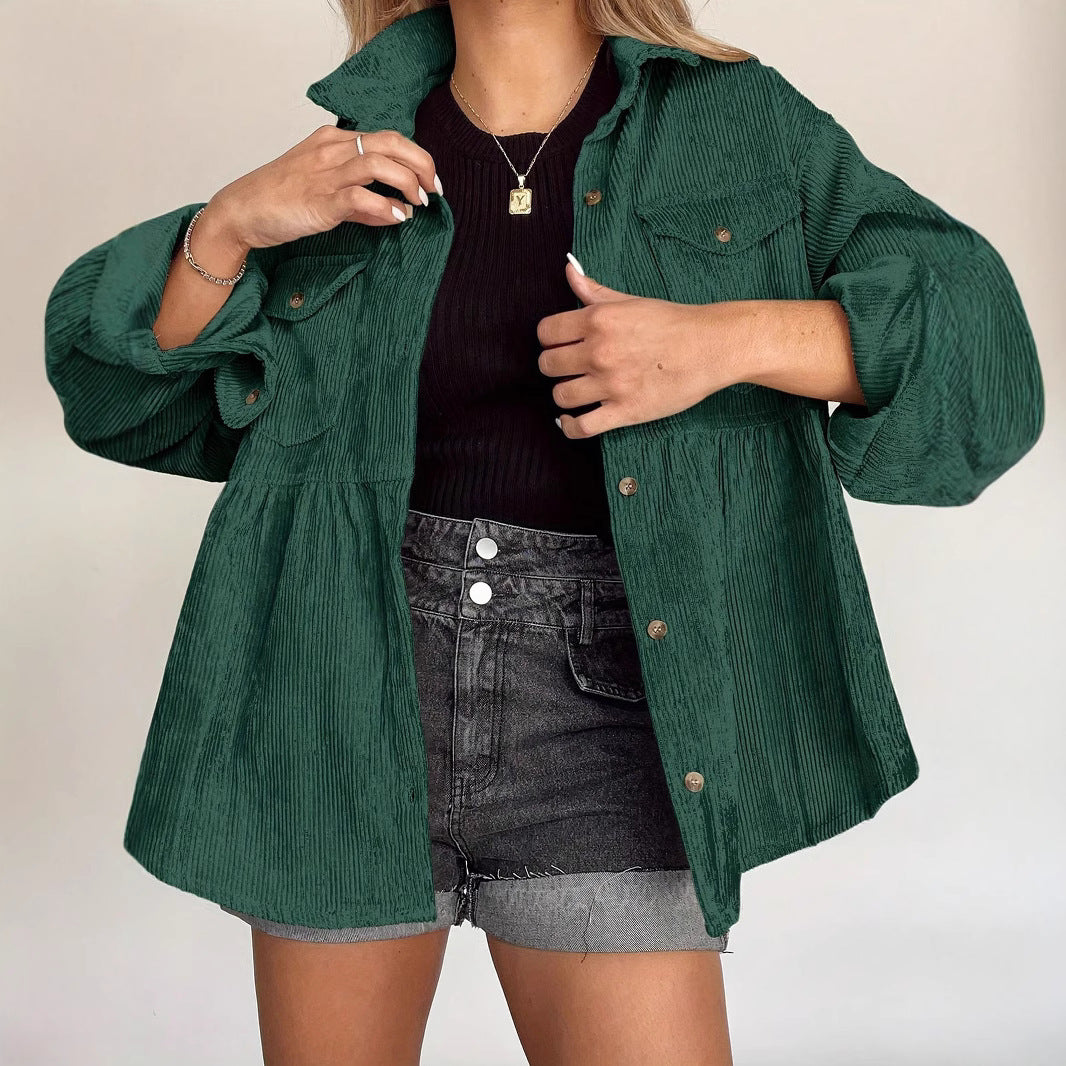 IvyShape | Corduroy Ruffled Single-Breasted Coat