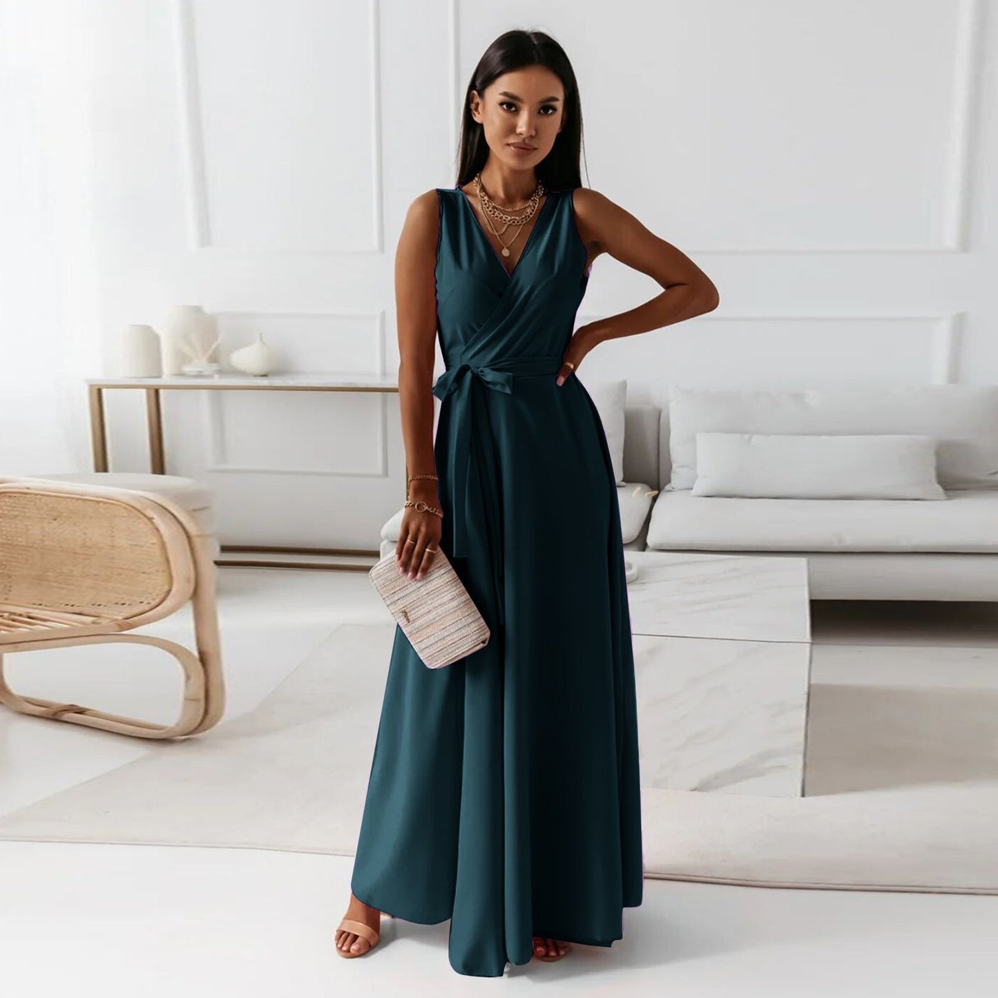 IvyShape | Comfortable Solid Color V Neck Evening Long Dress