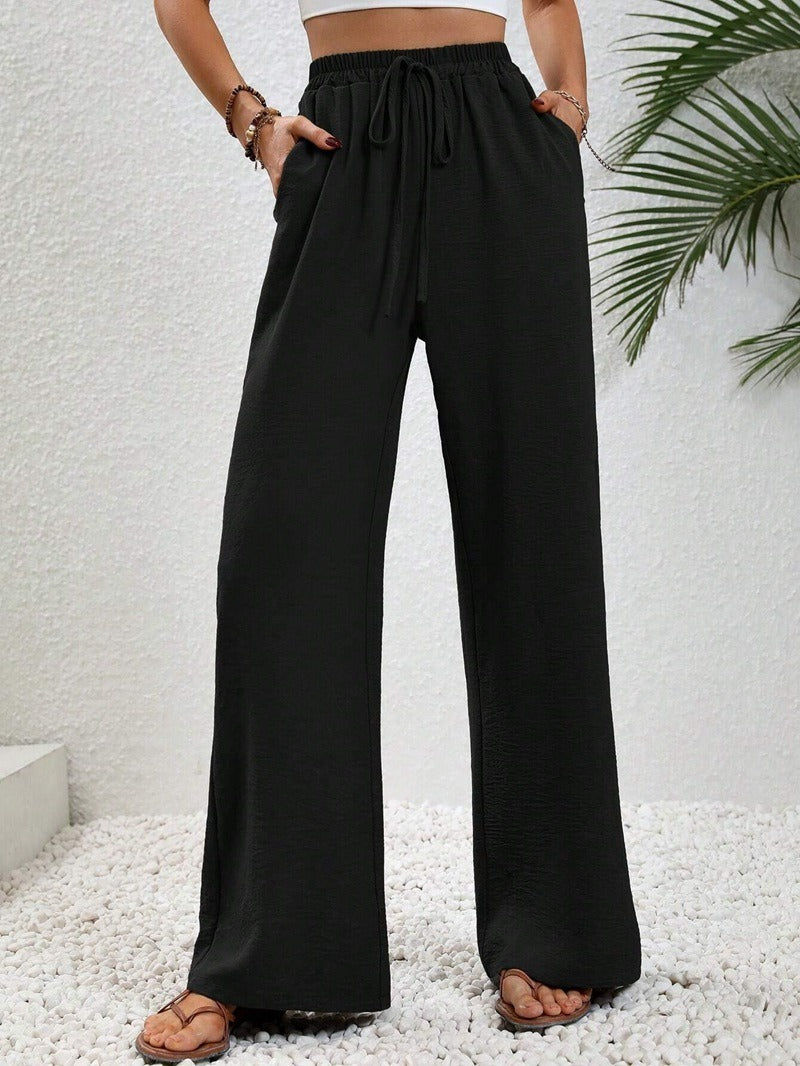 Women's Relaxed Palazzo Pants with Elastic Waistband and Side Pockets Ivyshape