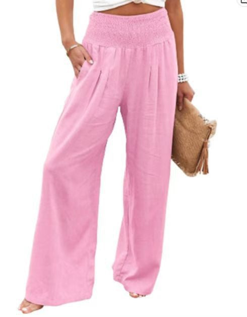 Women wide linen pants with elastic waistband and pleats Ivyshape