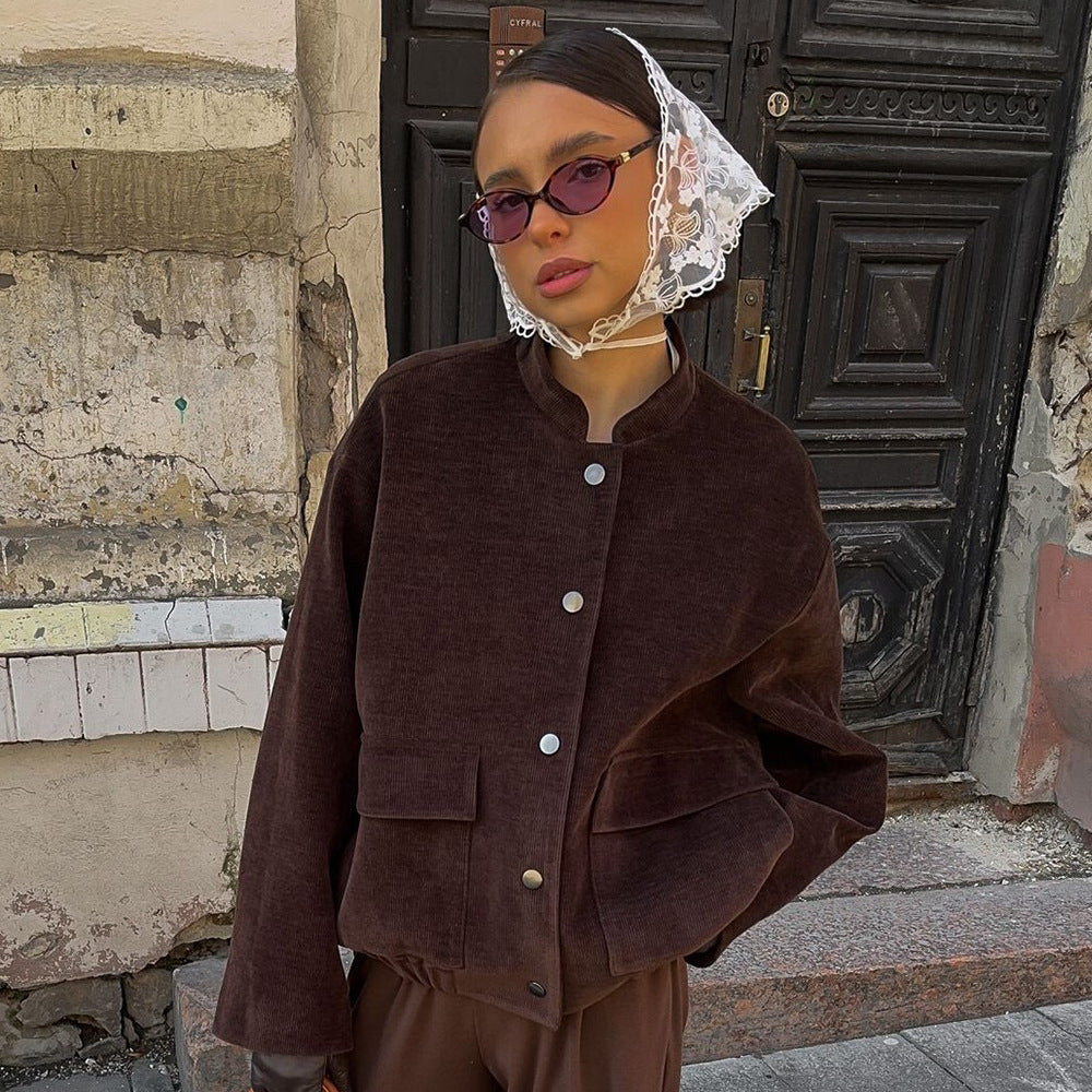 Women Fashionable Cord Jacket with Wide Collar and Patch Pockets Ivyshape