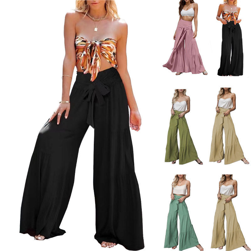 Women's Bohemian wide-leg culottes with tie belt Ivyshape