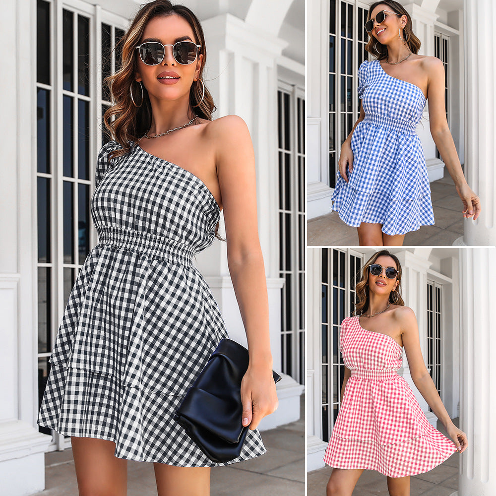 Ladies Long Sleeve Dress with One-Sided Strap and Casual Checkered Pattern Ivyshape