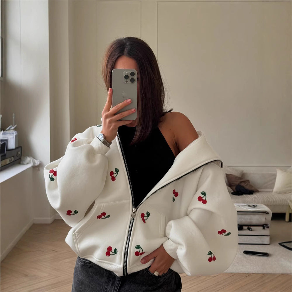 Women's hoodie with fresh cherry pattern and oversized fit Ivyshape