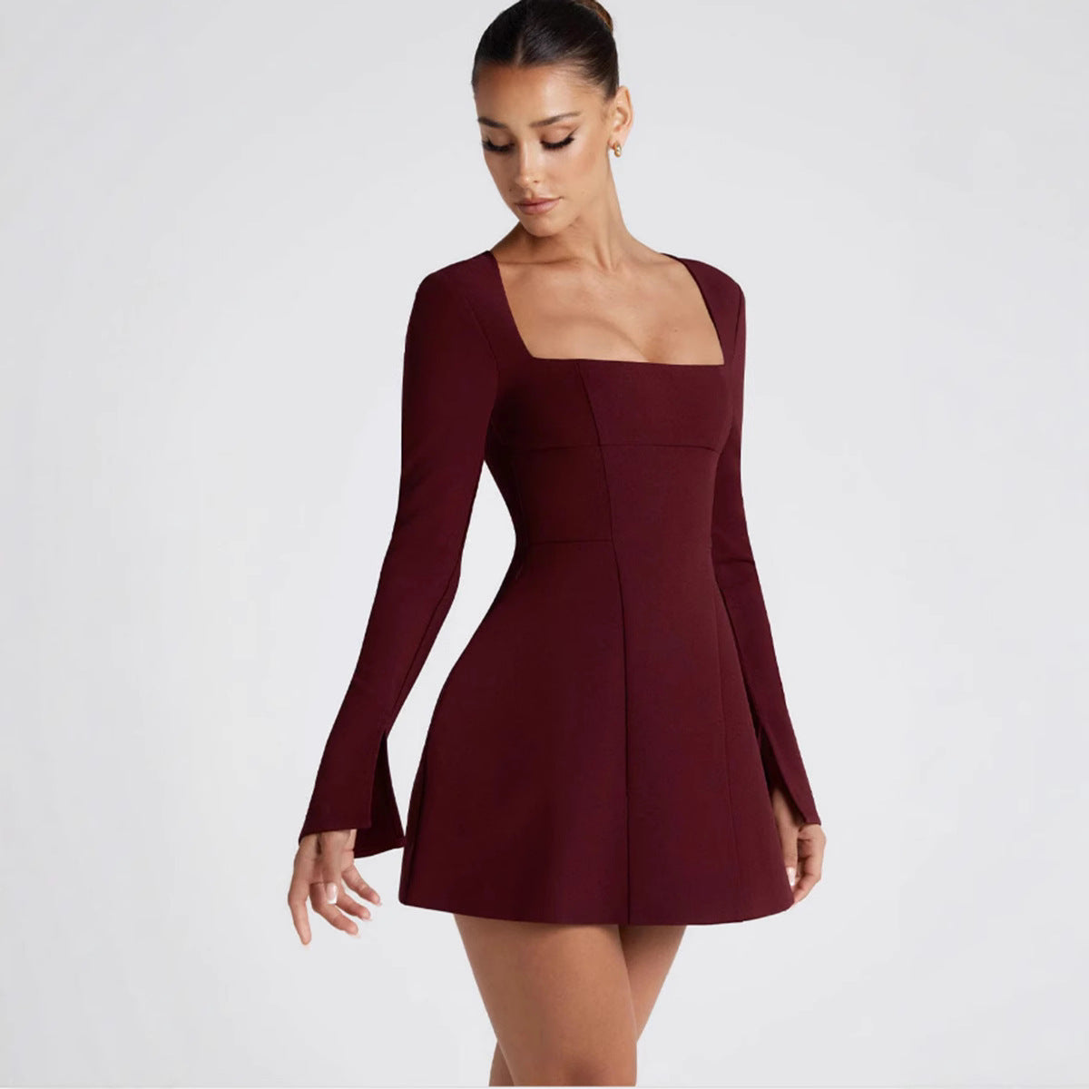 Women Figure-hugging Mini Dress with Elegant Square Neckline and Long Sleeves Ivyshape