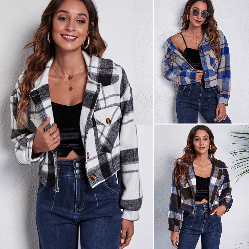Women's fashionable plaid jacket with cropped cut and practical pockets Ivyshape