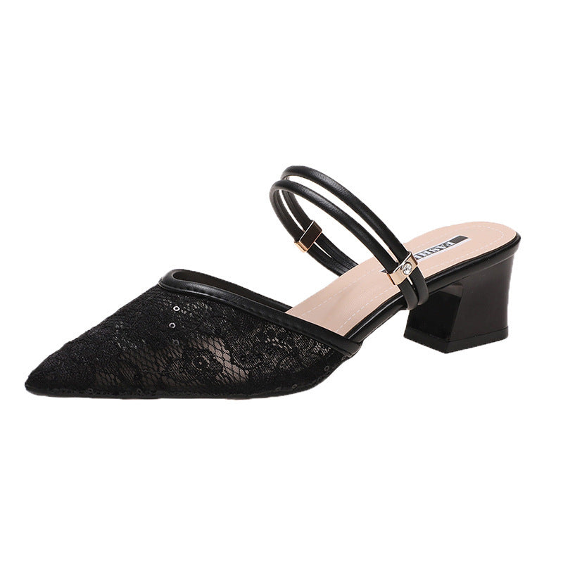 Women's sling pumps with delicate lace and elegant block heel Ivyshape