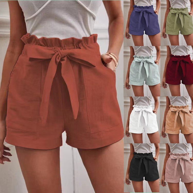 Women's elegant linen shorts with tie belt and wide waistband Ivyshape